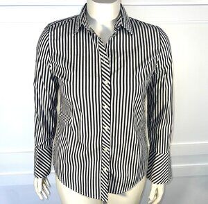 Banana Republic Blouse Womens 10 Button Up Gray White Stripe Cuff Sleeves